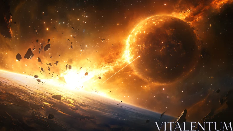 Planetary body impact over horizon with debris field in space.