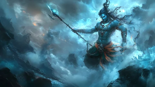 Mythic blue warrior storms ethereal battlefield in teal mist.