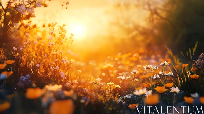 Wildflowers glow in intense backlit golden sunset field