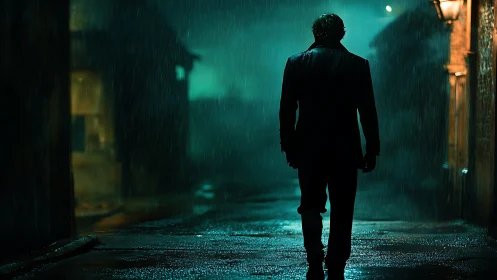 Solitary figure in rain on dimly lit urban street at night.