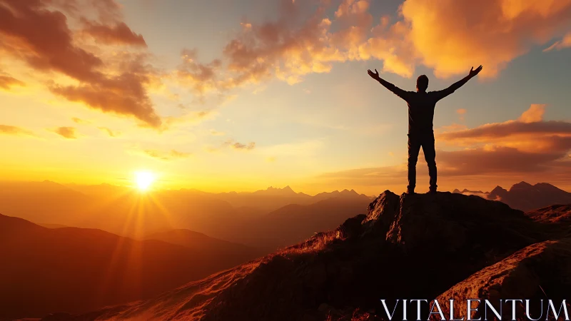 Sunrise victory silhouette crowns a blazing mountain horizon.