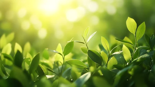 Sunlit Green Leaves Close-Up in Soft Morning Light, Nature Photography.