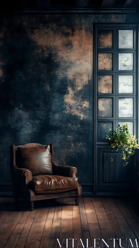 Cozy leather armchair rests in a softly lit rustic corner