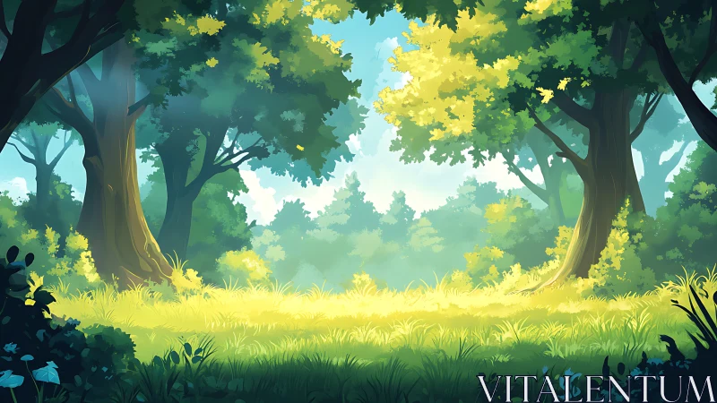 Sunlit Forest Clearing with Towering Trees and Yellow Foliage.