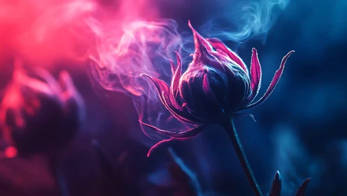 Macro view of illuminated flower bud in colored smoke.