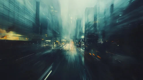 Urban night streetscape with heavy motion blur and rain.