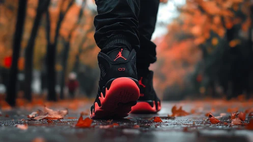 Person walks on wet path wearing black and red sneakers