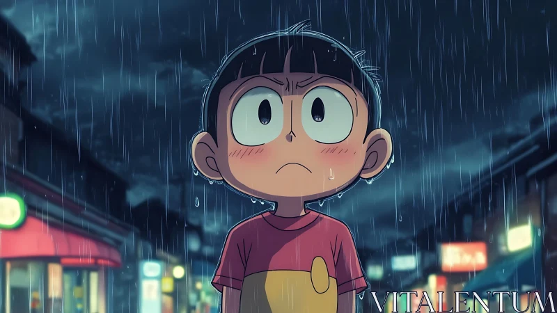 Pensive anime boy in neon city rain, night street ambience