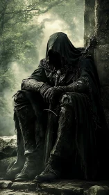 Hooded dark ranger broods with sword in a misty forest ruin
