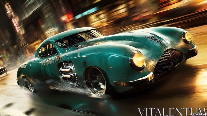 Streamlined teal retro car on wet urban street at night.
