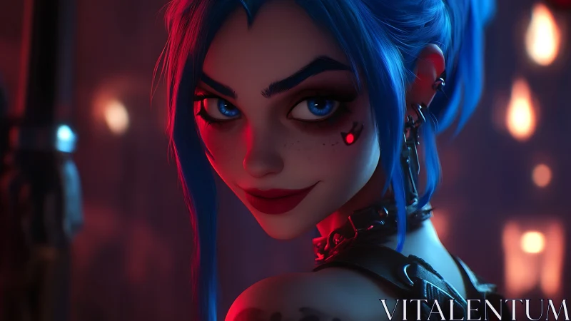 Blue haired rebel girl under neon crimson rim light portrait.