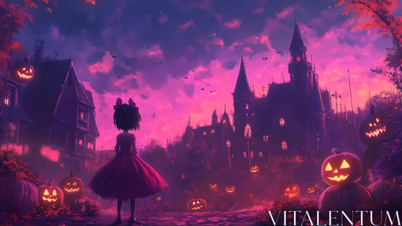 Girl in red dress facing jack-o-lantern filled haunted manor.