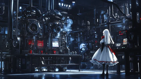 Curious girl explores a glowing midnight sci fi laboratory.