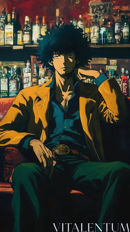 Stoic bartender rests under moody neon bar shelves.