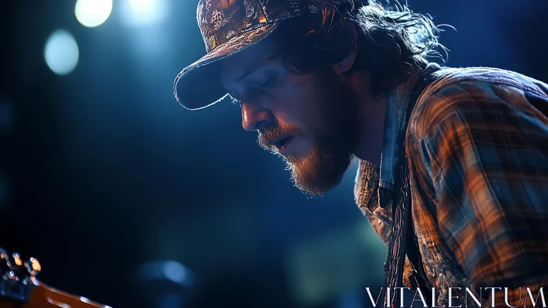 Quiet spotlight on a flannel clad guitarist lost in sound.