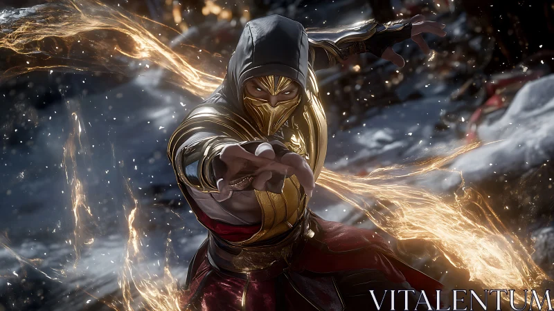 Dynamic 3D warrior portrait with luminous energy trails.