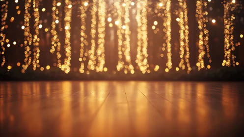 Wooden floor surface with defocused hanging light strands.