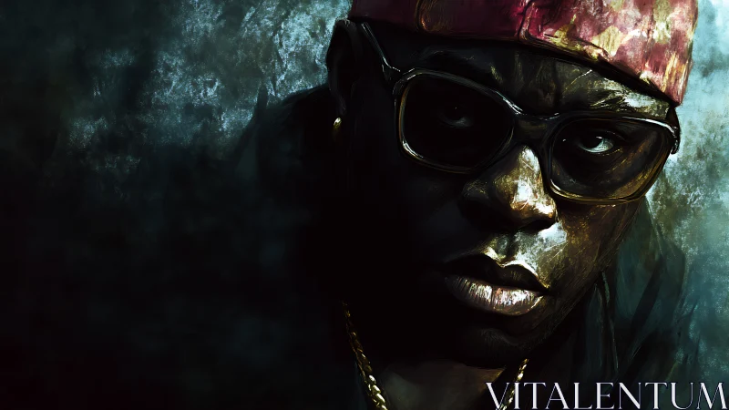 Digital portrait of man in glasses and cap under low light.