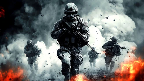 Cinematic digital combat scene with soldiers in explosive advance.