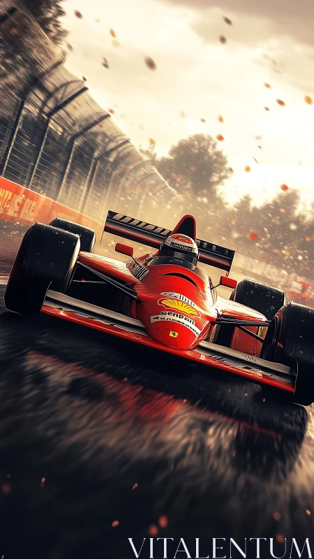 Roaring red race car charges through rain on a blazing track