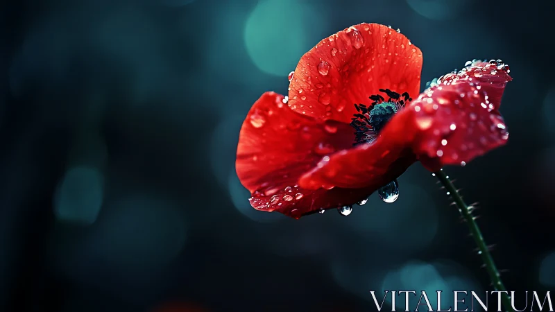 High-contrast macro of dew-covered red poppy against teal bokeh