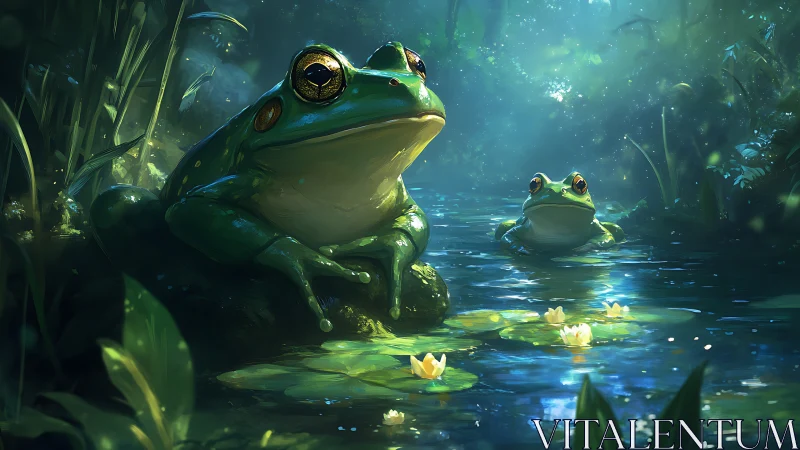 Twilight lily-pond guardians, two frogs in emerald hush.