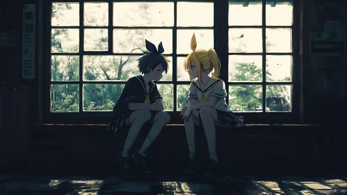 Melancholic students beside bright classroom window light.