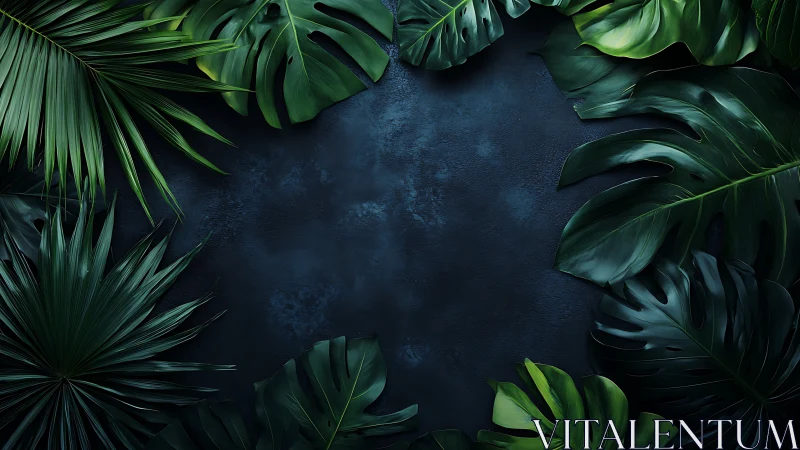 Nocturnal botanical frame with high-gloss tropical foliage.