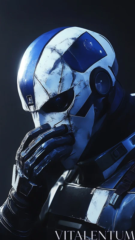 Battle-scarred blue android pondering its last quiet secret.