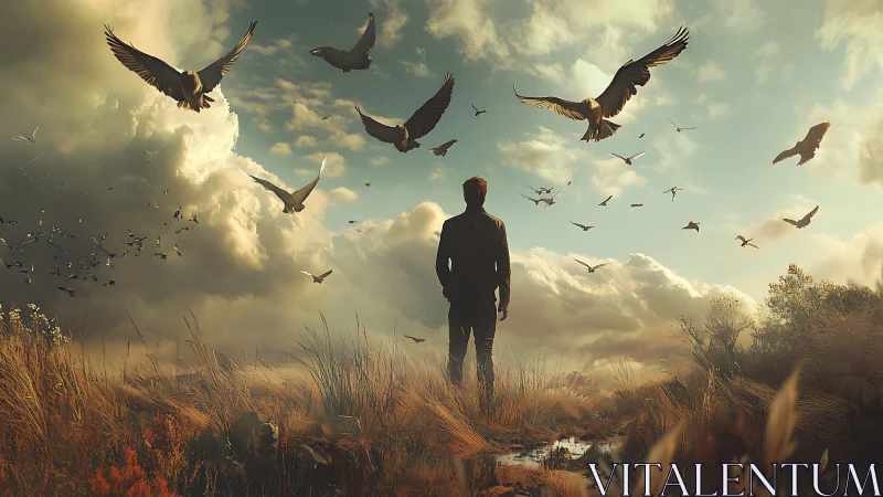 Backlit solitary figure observing flock dynamics in storm-lit sky