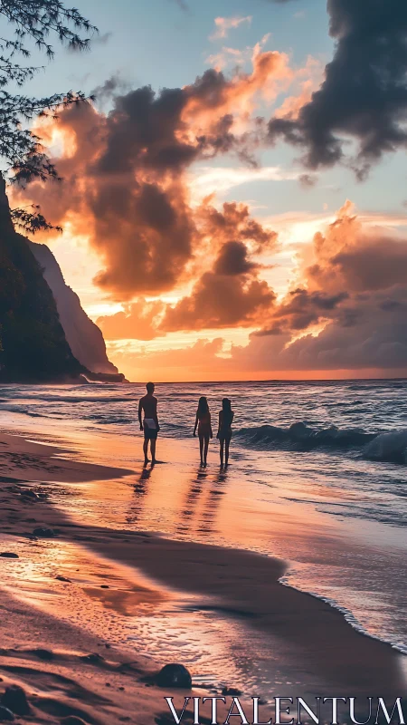 Silhouetted trio walking shoreline under vibrant coastal sunset.