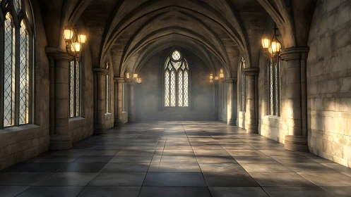 Gothic stone corridor with vaulted arches and warm lantern light.