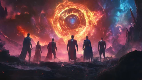 Celestial vortex confrontation with caped metahuman ensemble.