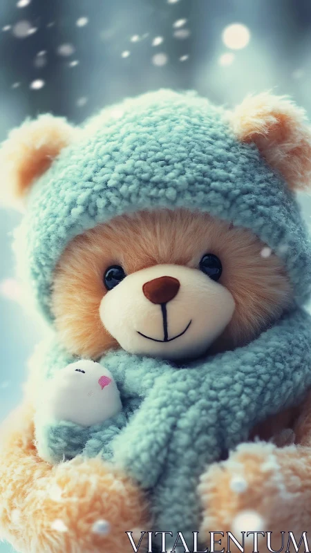 Winter teddy bear in blue knit scarf and hood portrait.