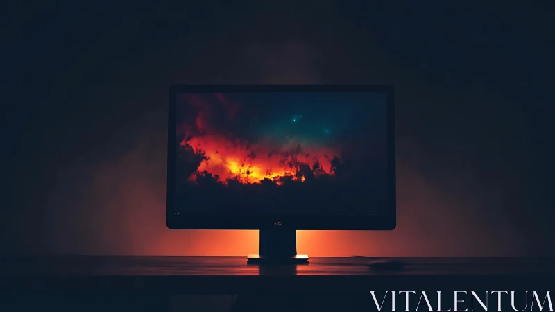 Backlit widescreen monitor displaying fiery nebula clouds