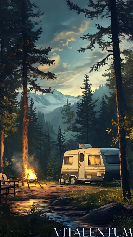 Cozy camper rests by a glowing campfire in tranquil pine valley