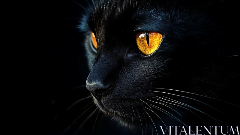 Midnight panther cat with molten amber galaxy eyes.