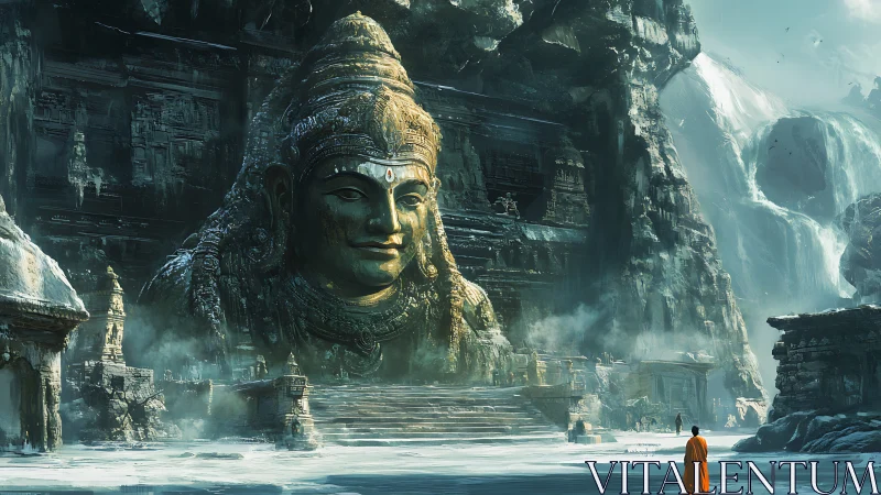 Colossal mountain temple head watches lone monk in snow.