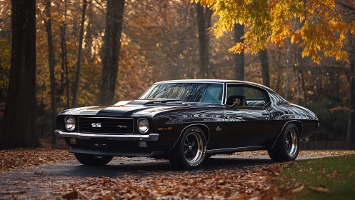 Black muscle car coupe stands on leaf-covered autumn woodland road