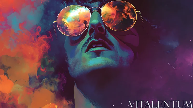 Neon-lit portrait shows reflective sunglasses and cosmic smoke