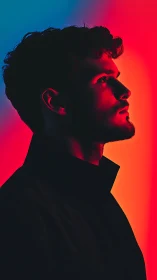 Male profile portrait in saturated blue red studio lighting.