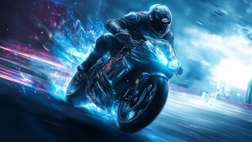 Cyberpunk superbike sprint with neon plasma trail dynamics.