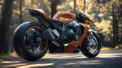 Orange sport motorcycle on forest road in soft daylight.