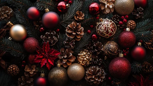 Rich crimson and gold Christmas baubles amid winter pine.