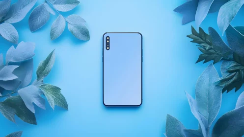 Modern smartphone on blue backdrop with decorative leaves, minimal style.