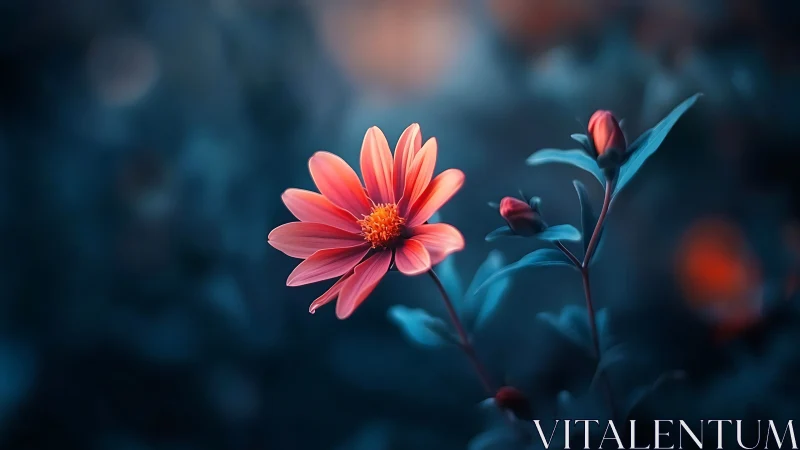 Crimson Daisy Bloom Against Cool Blue Garden.