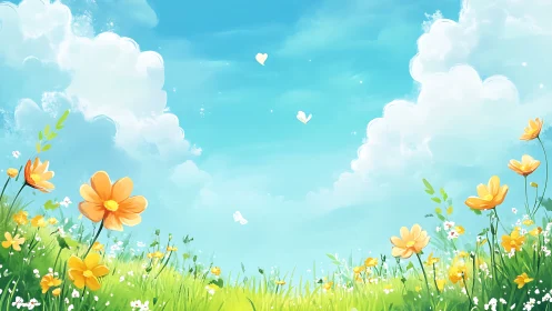 Luminous spring meadow under cumuliform sky, stylized digital art.