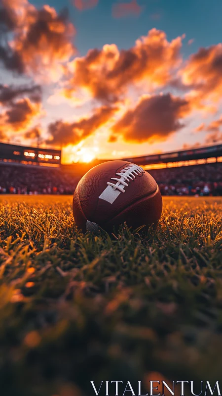 Sunlit football rests on vivid turf before glowing sunset.