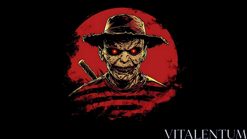 Grim skeletal figure with glowing eyes on red circle background.