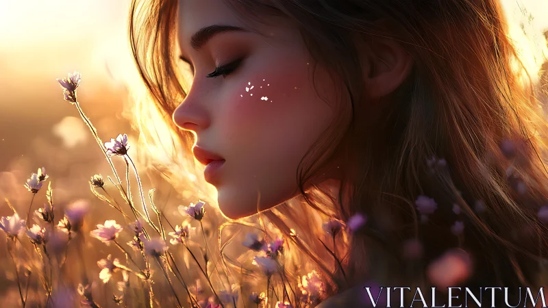 Optically radiant portrait amid backlit meadow flora at dusk.